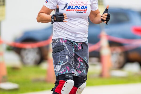 Lynn Kramer celebrating at run at Luna Slalom Jam 2024. Photo taken by Tate Nations.